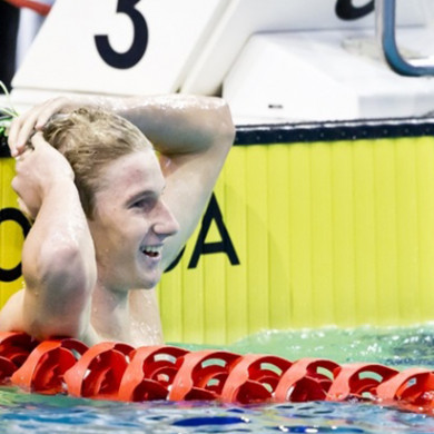 Swimmer pleased with his performance after a race