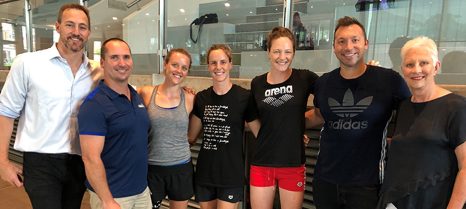 Campbell sisters and Ellie Cole are surprised by Ian Thorpe at their first day of training at Knox Pymble SC