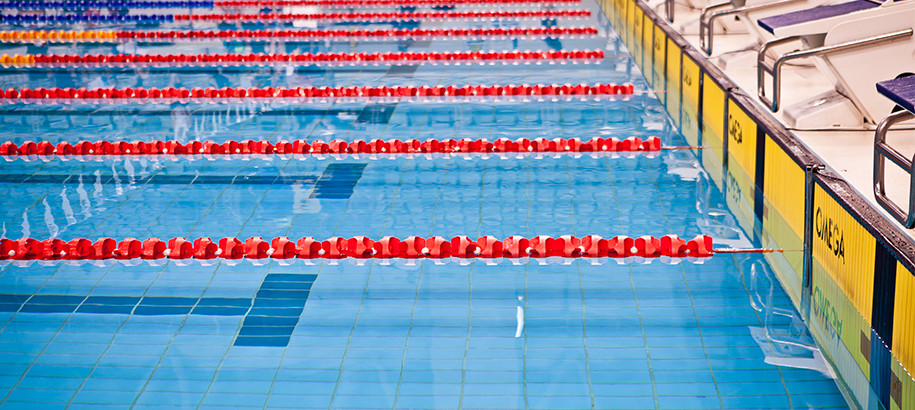 Still pool with lane ropes and starting blocks at Sydney Olympic Park