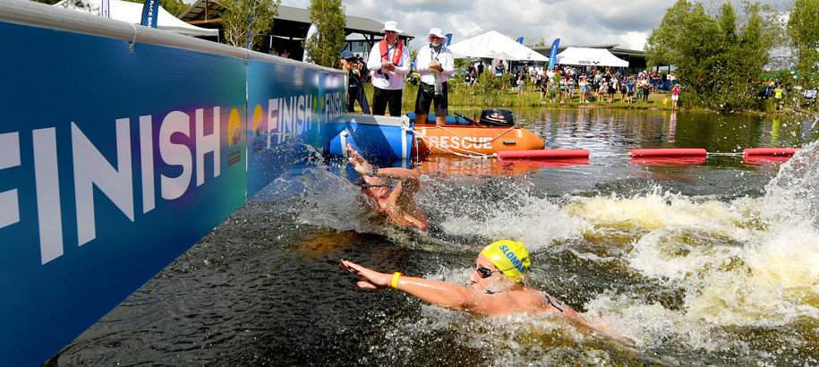 So close in the end as Edwards and Sloman touch the finish line.