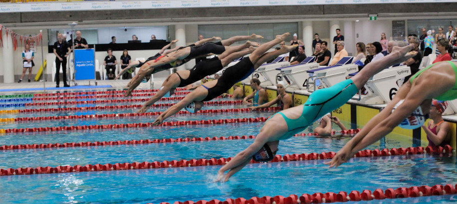 Swimmers diving off the starting blocks on Day 1 of NSW State Open 2019
